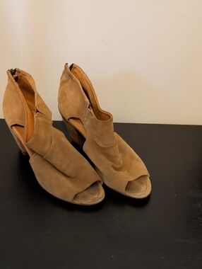 Gravitypope Suede Open-Toe Stacked Heel Booties in Tan